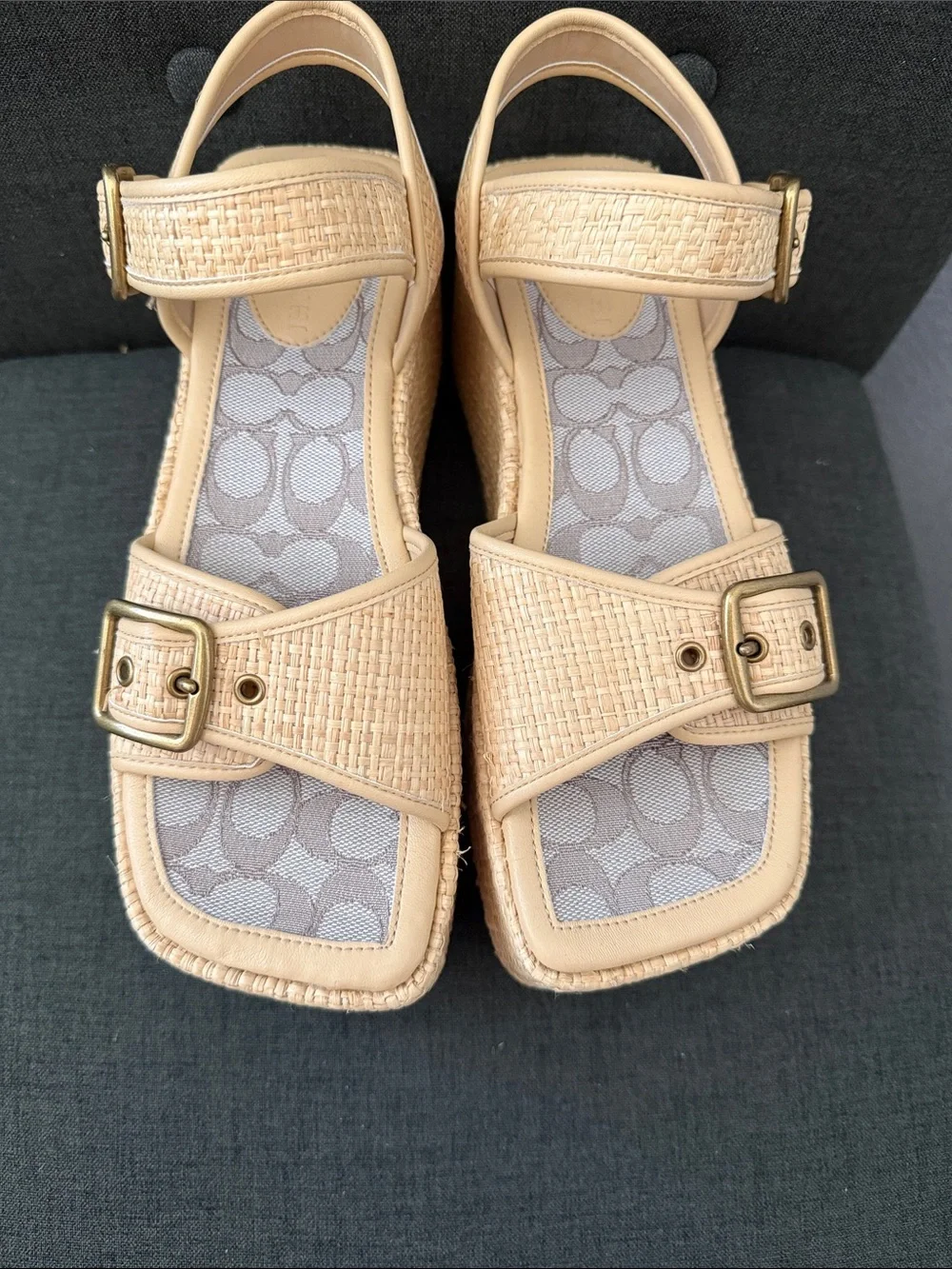 Coach Beige Woven Platform Wedge Sandals